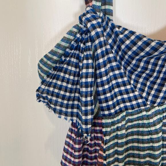 Anthropologie Maeve Waverly Dress One Shoulder Gingham Handkerchief Hem Blue 6 - Picture 3 of 7
